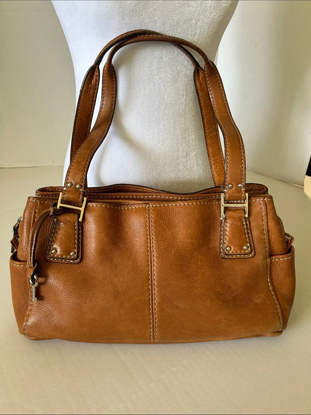FOSSILL VINTAGE BROWN PEBBLED LEATHER BOHO SHOULDER BAG DOUBLE LEATHER STRAPS